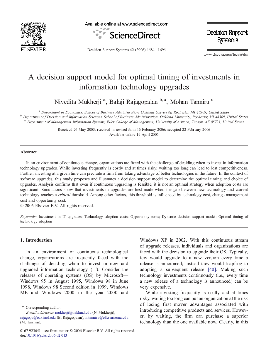 A decision support model for optimal timing of investments in information technology upgrades