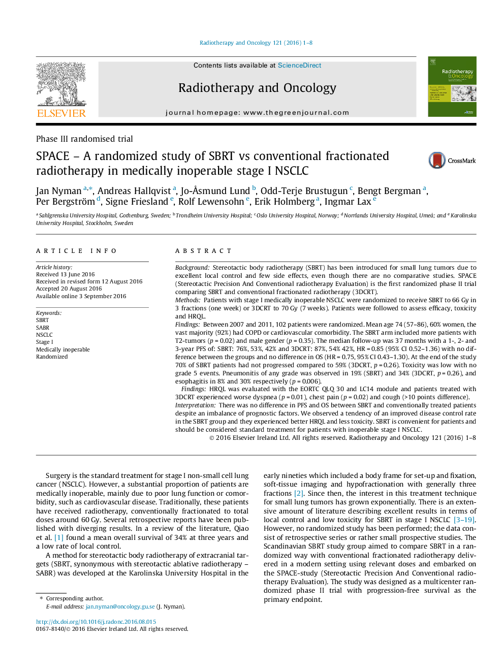 Phase III randomised trialSPACE - A randomized study of SBRT vs conventional fractionated radiotherapy in medically inoperable stage I NSCLC