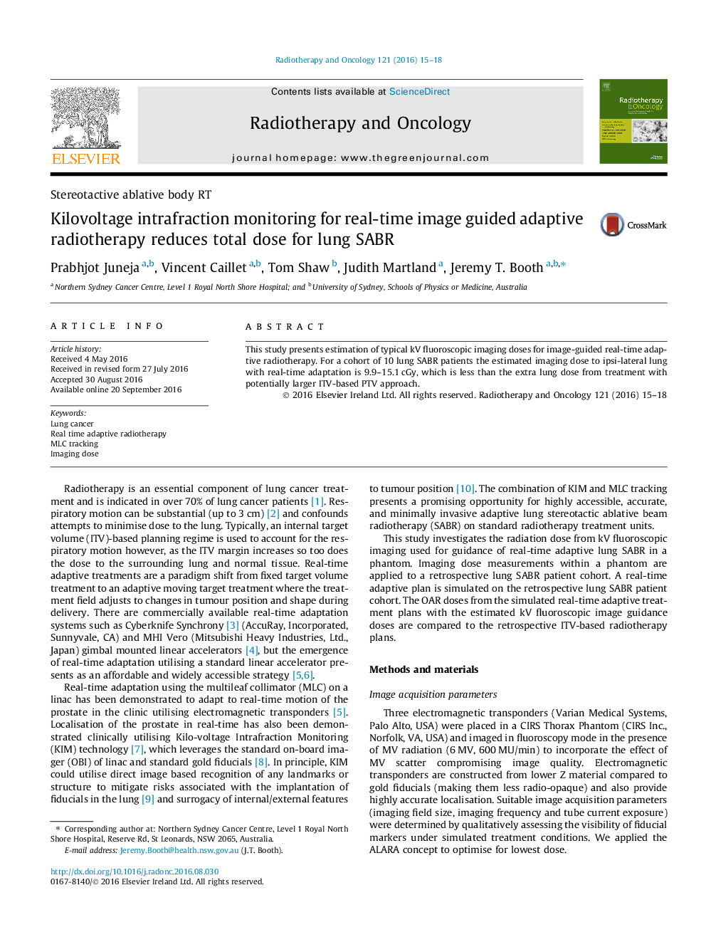 Stereotactive ablative body RTKilovoltage intrafraction monitoring for real-time image guided adaptive radiotherapy reduces total dose for lung SABR