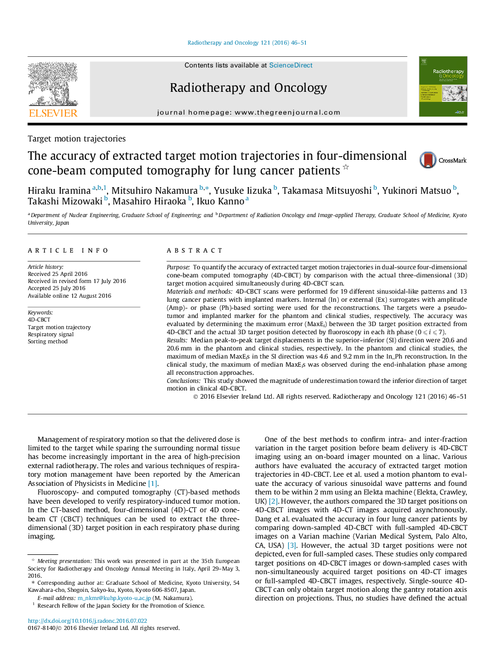 Target motion trajectoriesThe accuracy of extracted target motion trajectories in four-dimensional cone-beam computed tomography for lung cancer patients