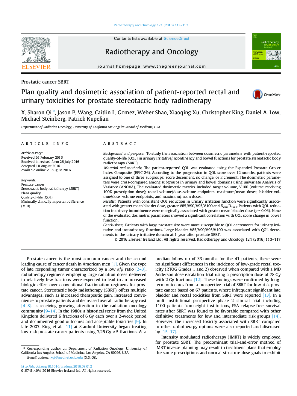 Prostatic cancer SBRTPlan quality and dosimetric association of patient-reported rectal and urinary toxicities for prostate stereotactic body radiotherapy