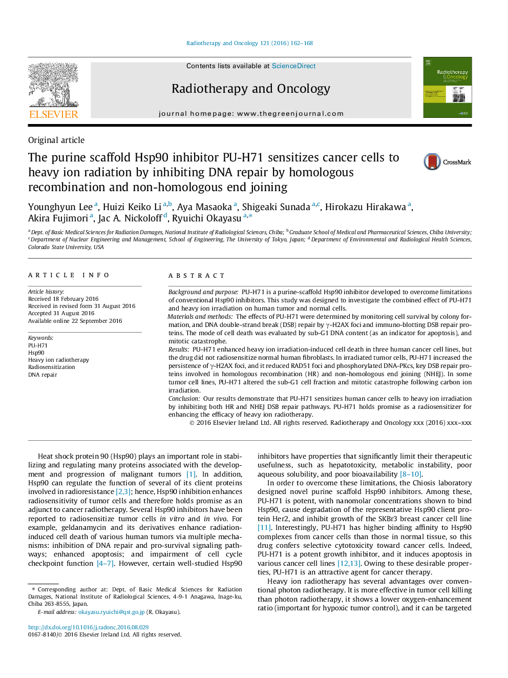 Heavy ion radiobiologyThe purine scaffold Hsp90 inhibitor PU-H71 sensitizes cancer cells to heavy ion radiation by inhibiting DNA repair by homologous recombination and non-homologous end joining