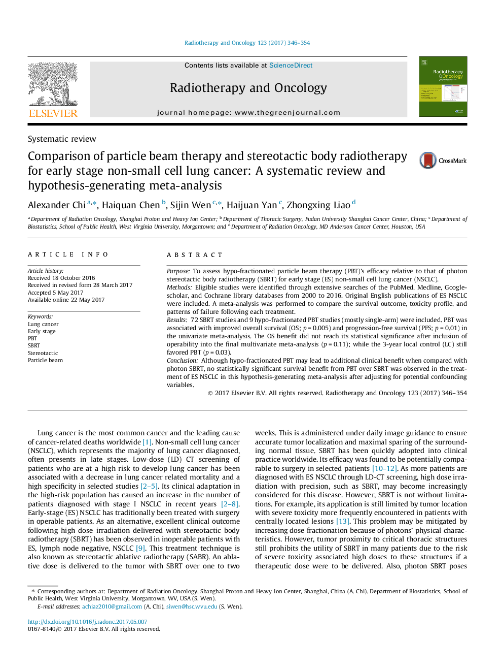 Comparison of particle beam therapy and stereotactic body radiotherapy for early stage non-small cell lung cancer: A systematic review and hypothesis-generating meta-analysis