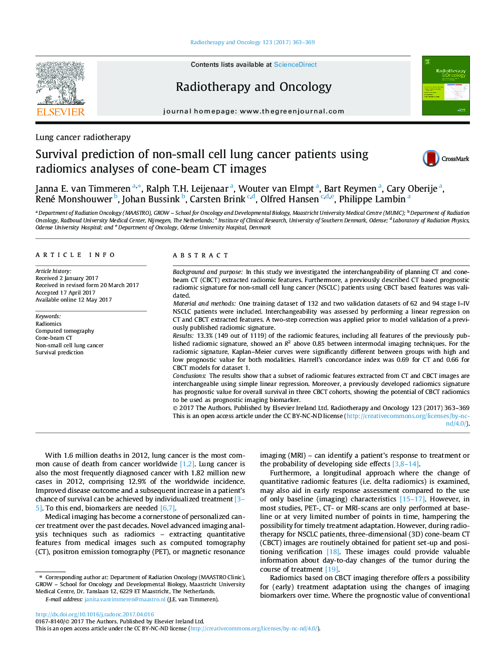 Survival prediction of non-small cell lung cancer patients using radiomics analyses of cone-beam CT images