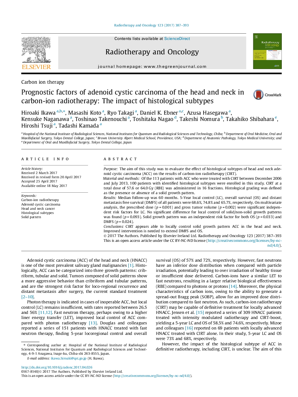 Prognostic factors of adenoid cystic carcinoma of the head and neck in carbon-ion radiotherapy: The impact of histological subtypes