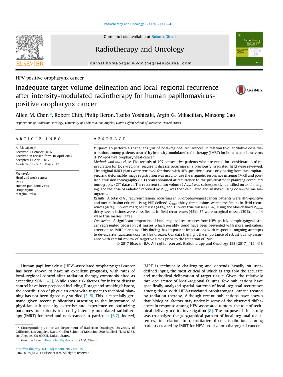 HPV positive oropharynx cancerInadequate target volume delineation and local-regional recurrence after intensity-modulated radiotherapy for human papillomavirus-positive oropharynx cancer