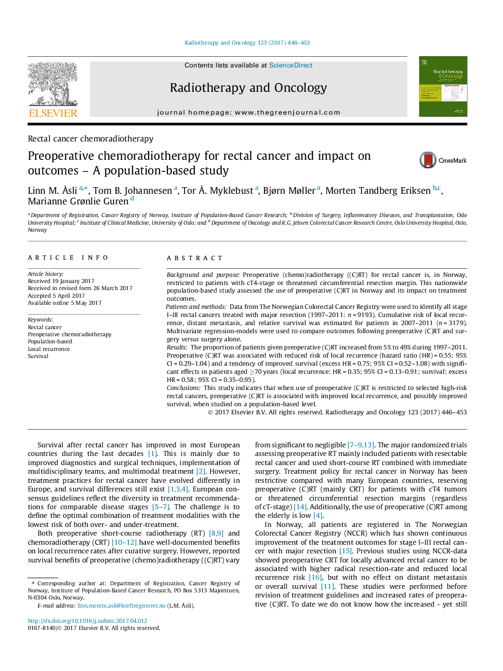 Rectal cancer chemoradiotherapyPreoperative chemoradiotherapy for rectal cancer and impact on outcomes - A population-based study