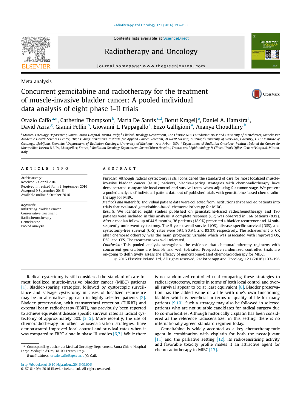 Meta analysisConcurrent gemcitabine and radiotherapy for the treatment of muscle-invasive bladder cancer: A pooled individual data analysis of eight phase I-II trials