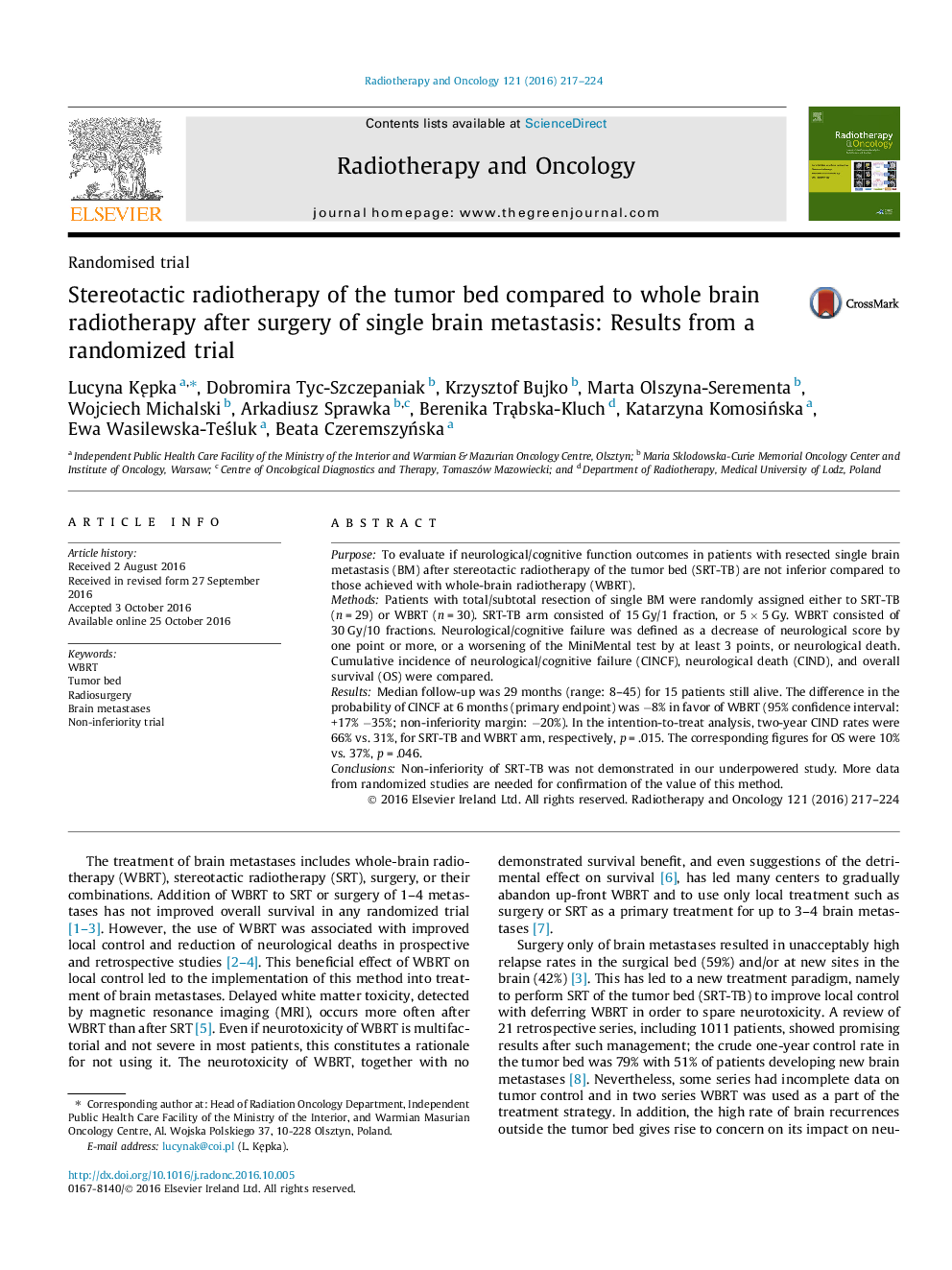 Randomised trialStereotactic radiotherapy of the tumor bed compared to whole brain radiotherapy after surgery of single brain metastasis: Results from a randomized trial