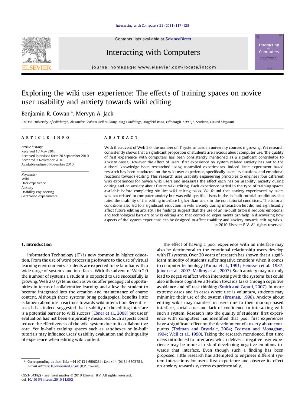 Exploring the wiki user experience: The effects of training spaces on novice user usability and anxiety towards wiki editing