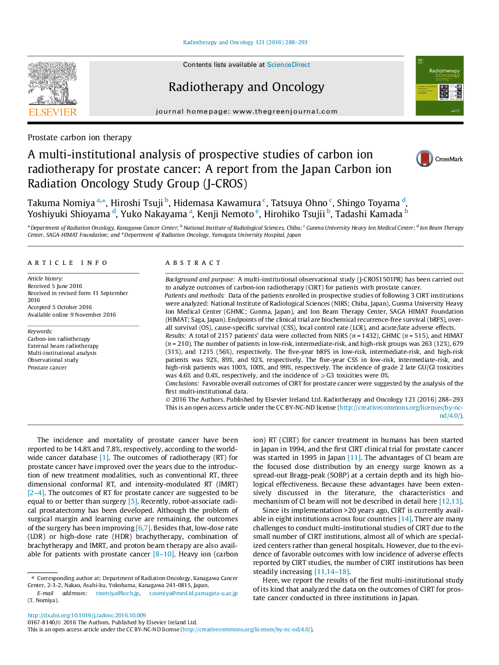 A multi-institutional analysis of prospective studies of carbon ion radiotherapy for prostate cancer: A report from the Japan Carbon ion Radiation Oncology Study Group (J-CROS)