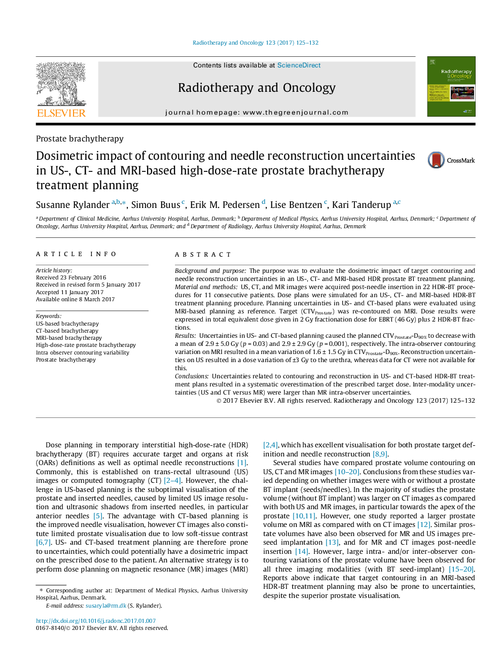 Prostate brachytherapyDosimetric impact of contouring and needle reconstruction uncertainties in US-, CT- and MRI-based high-dose-rate prostate brachytherapy treatment planning