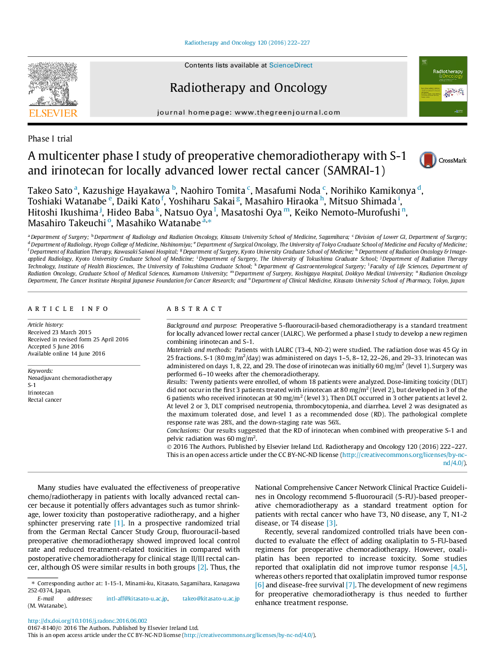 A multicenter phase I study of preoperative chemoradiotherapy with S-1 and irinotecan for locally advanced lower rectal cancer (SAMRAI-1)