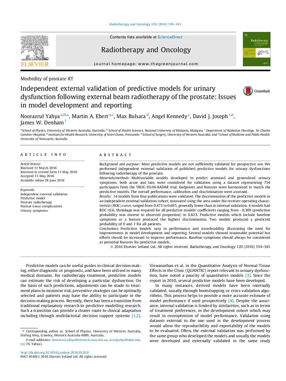 Morbidity of prostate RTIndependent external validation of predictive models for urinary dysfunction following external beam radiotherapy of the prostate: Issues in model development and reporting