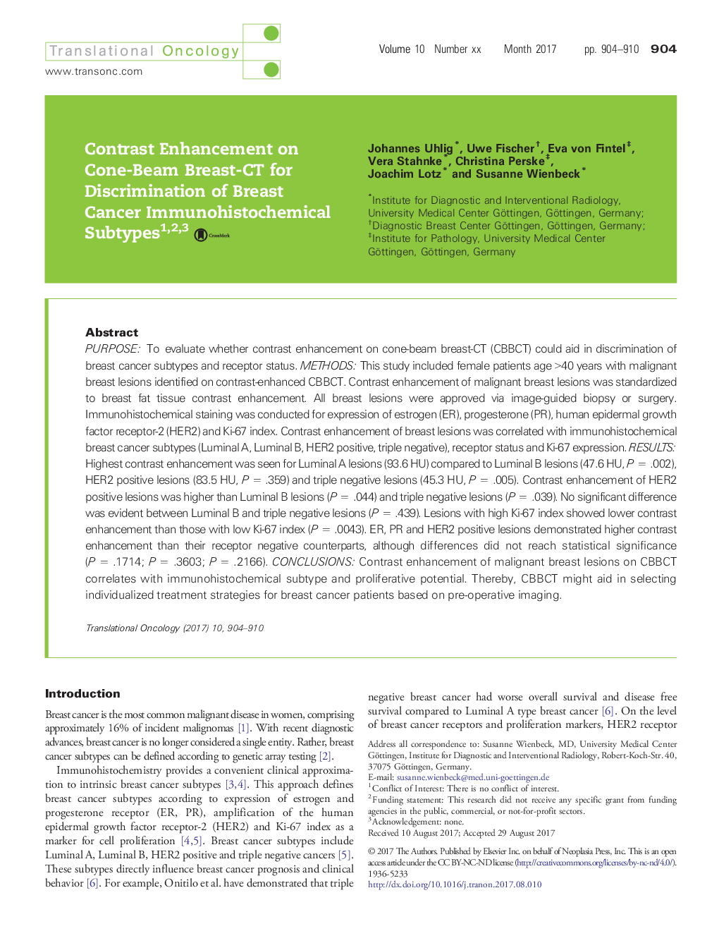 Contrast Enhancement on Cone-Beam Breast-CT for Discrimination of Breast Cancer Immunohistochemical Subtypes123