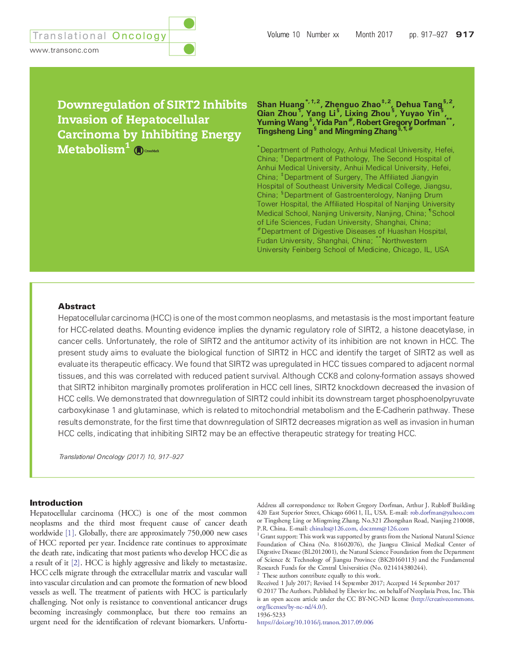 Downregulation of SIRT2 Inhibits Invasion of Hepatocellular Carcinoma by Inhibiting Energy Metabolism1