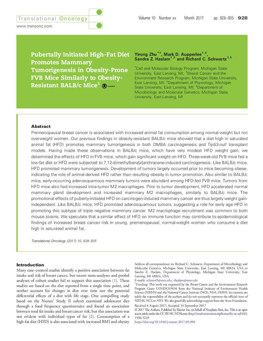 Pubertally Initiated High-Fat Diet Promotes Mammary Tumorigenesis in Obesity-Prone FVB Mice Similarly to Obesity-Resistant BALB/c Mice1