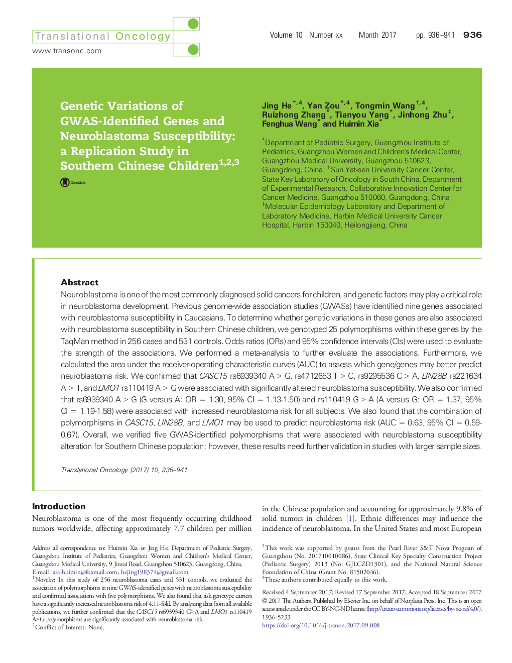 Genetic Variations of GWAS-Identified Genes and Neuroblastoma Susceptibility: a Replication Study in Southern Chinese Children123
