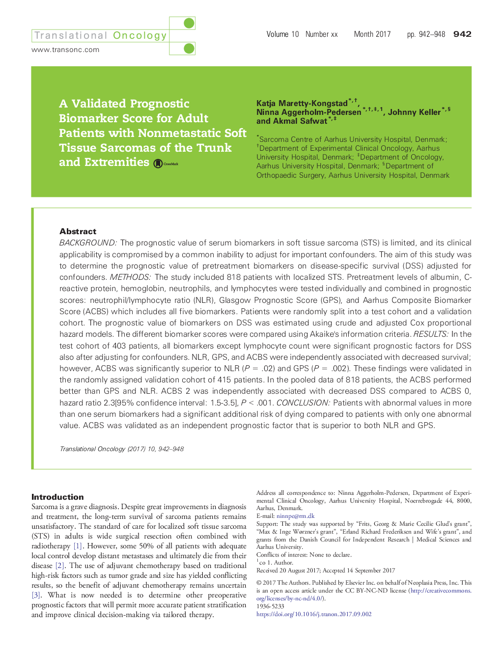 A Validated Prognostic Biomarker Score for Adult Patients with Nonmetastatic Soft Tissue Sarcomas of the Trunk and Extremities