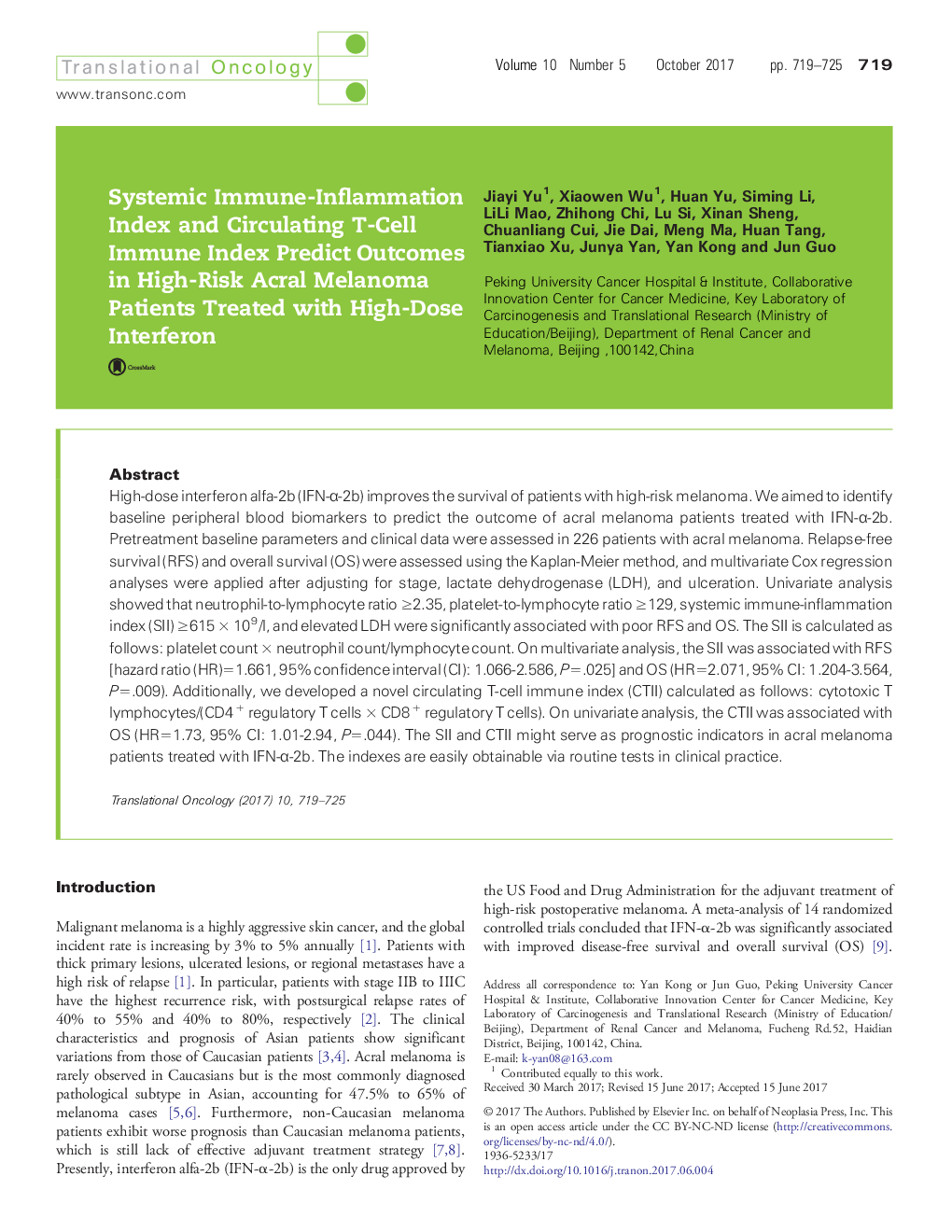 Systemic Immune-Inflammation Index and Circulating T-Cell Immune Index Predict Outcomes in High-Risk Acral Melanoma Patients Treated with High-Dose Interferon