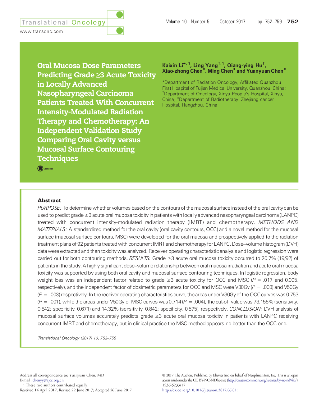 Oral Mucosa Dose Parameters Predicting Grade â¥3 Acute Toxicity in Locally Advanced Nasopharyngeal Carcinoma Patients Treated With Concurrent Intensity-Modulated Radiation Therapy and Chemotherapy: An Independent Validation Study Comparing Oral Cavity ve
