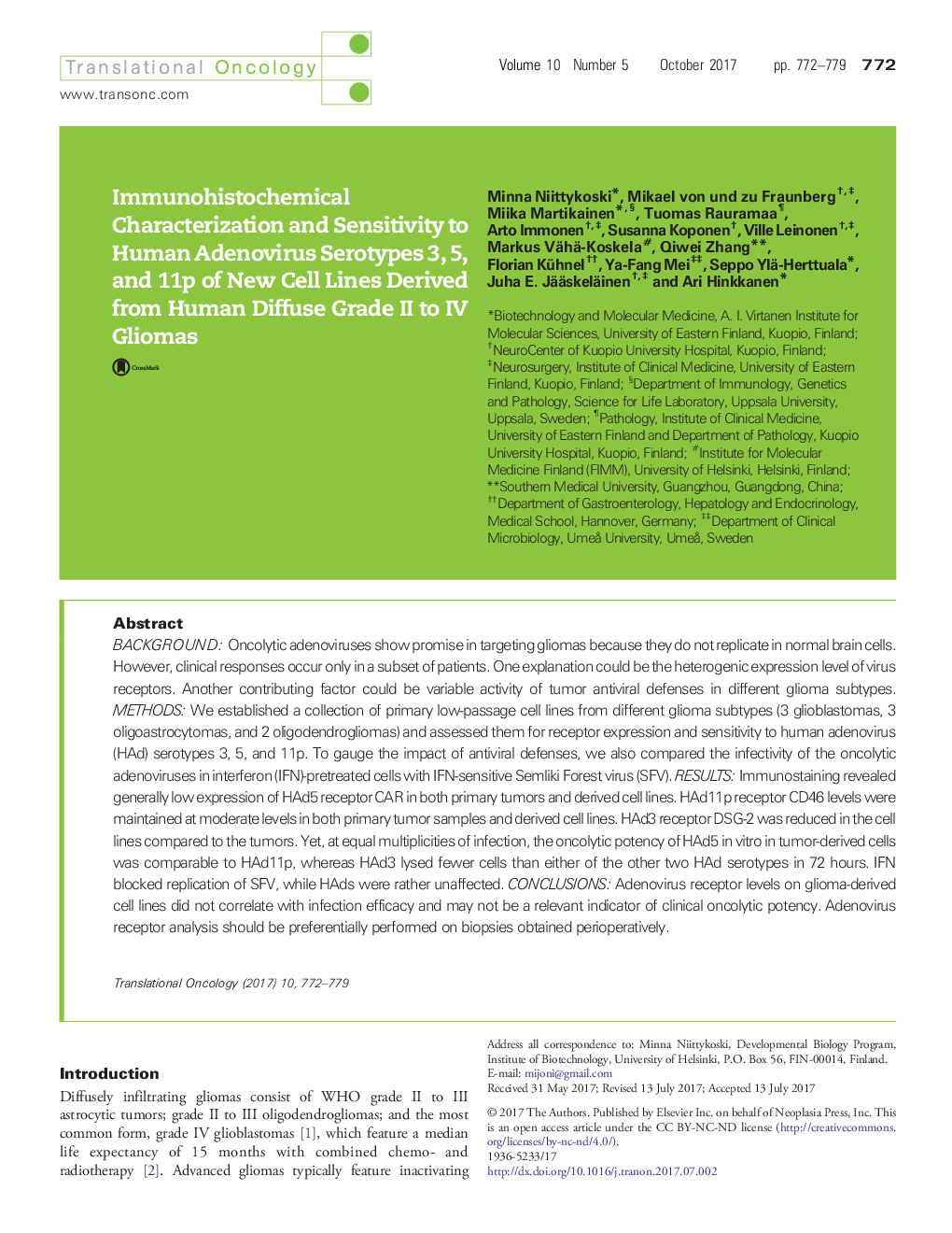 Immunohistochemical Characterization and Sensitivity to Human Adenovirus Serotypes 3, 5, and 11p of New Cell Lines Derived from Human Diffuse Grade II to IV Gliomas