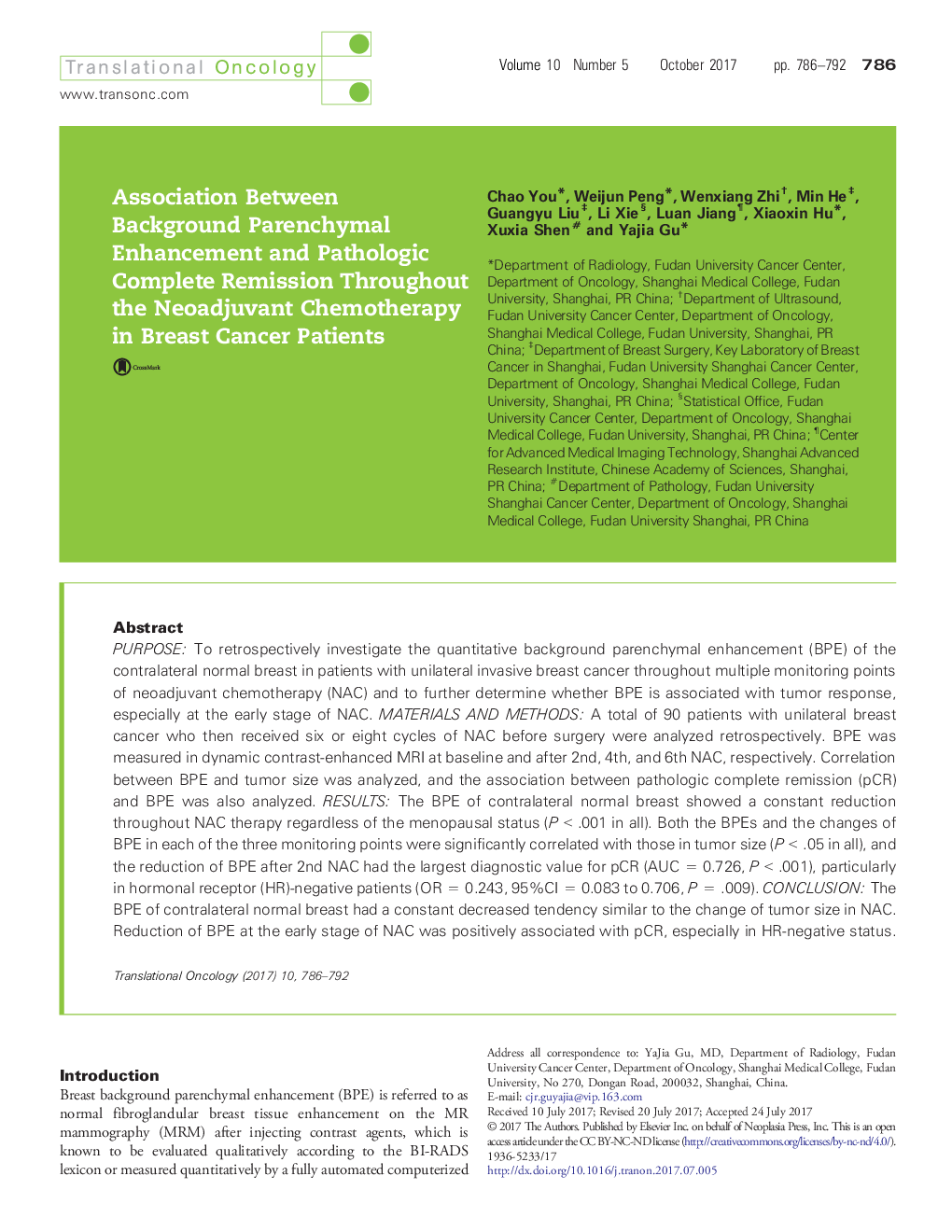 Association Between Background Parenchymal Enhancement and Pathologic Complete Remission Throughout the Neoadjuvant Chemotherapy in Breast Cancer Patients