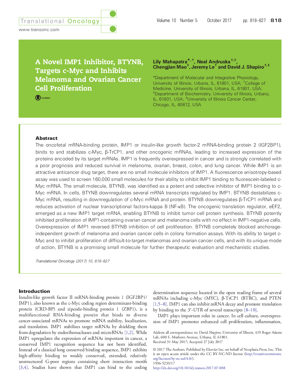 A Novel IMP1 Inhibitor, BTYNB, Targets c-Myc and Inhibits Melanoma and Ovarian Cancer Cell Proliferation