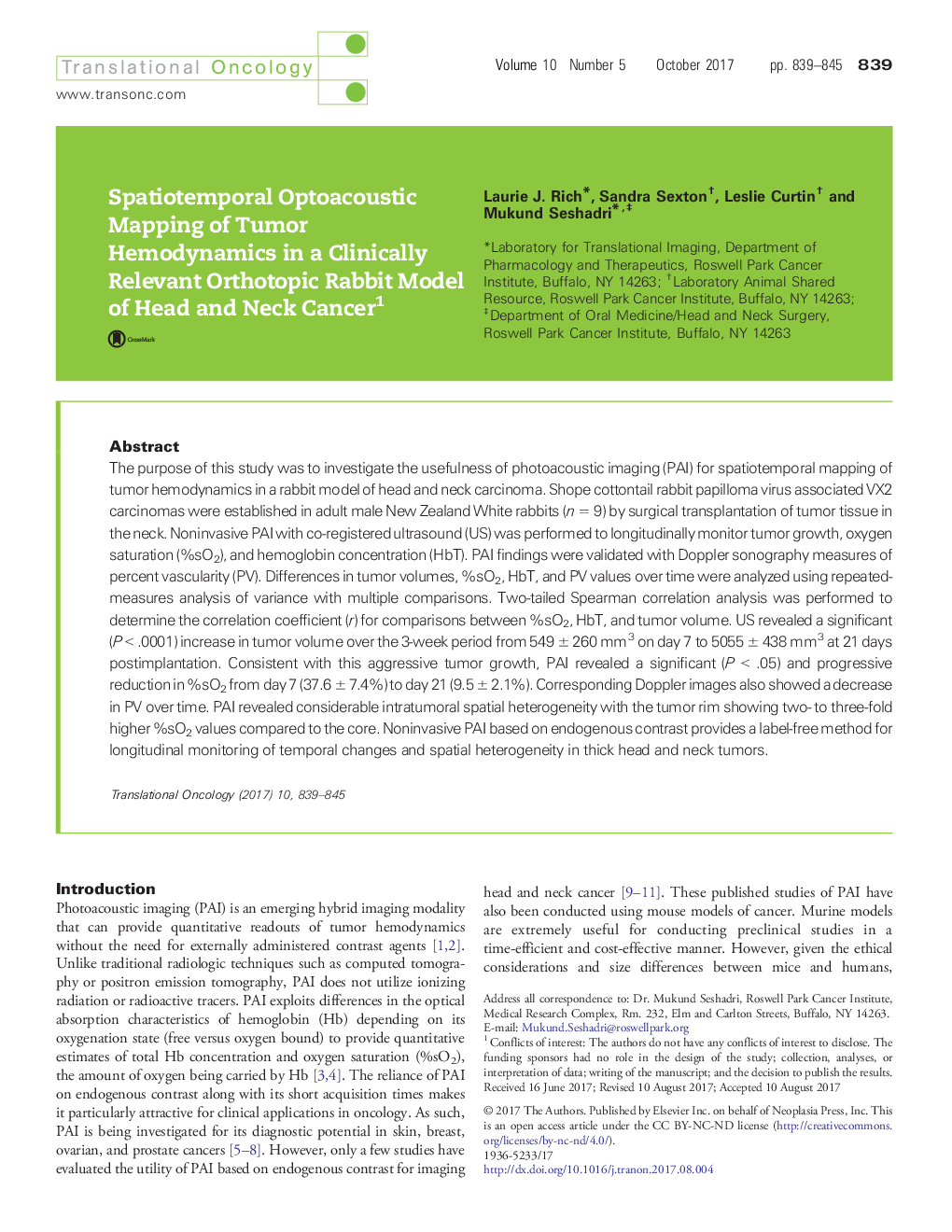 Spatiotemporal Optoacoustic Mapping of Tumor Hemodynamics in a Clinically Relevant Orthotopic Rabbit Model of Head and Neck Cancer1