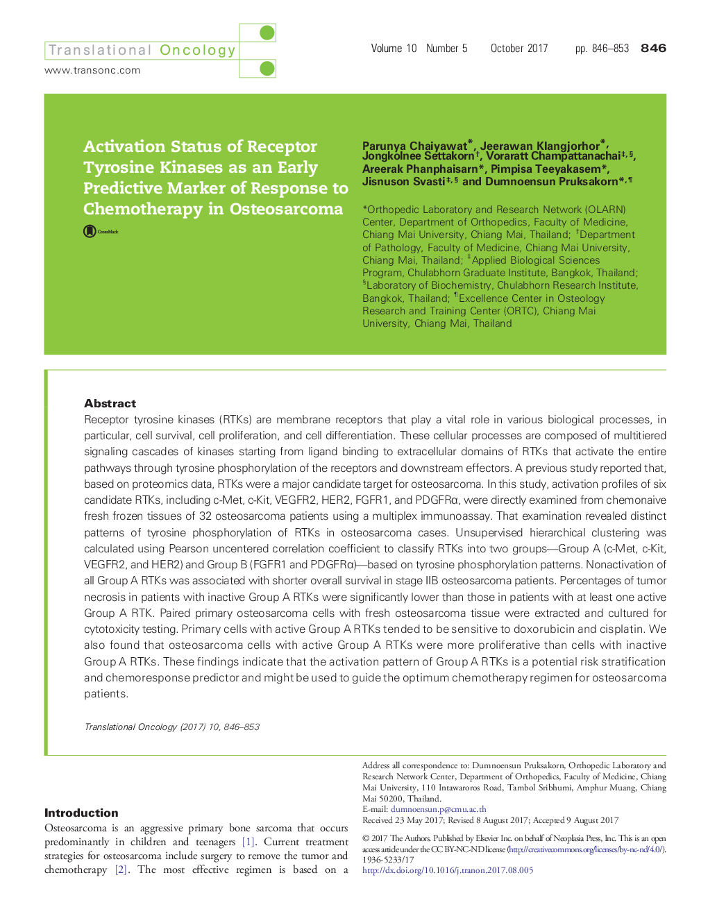 Activation Status of Receptor Tyrosine Kinases as an Early Predictive Marker of Response to Chemotherapy in Osteosarcoma