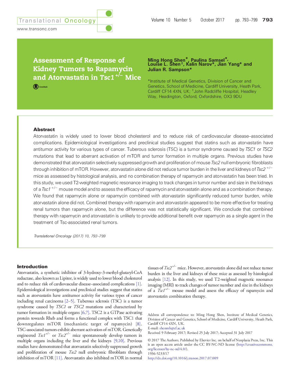 Assessment of Response of Kidney Tumors to Rapamycin and Atorvastatin in Tsc1+/â Mice