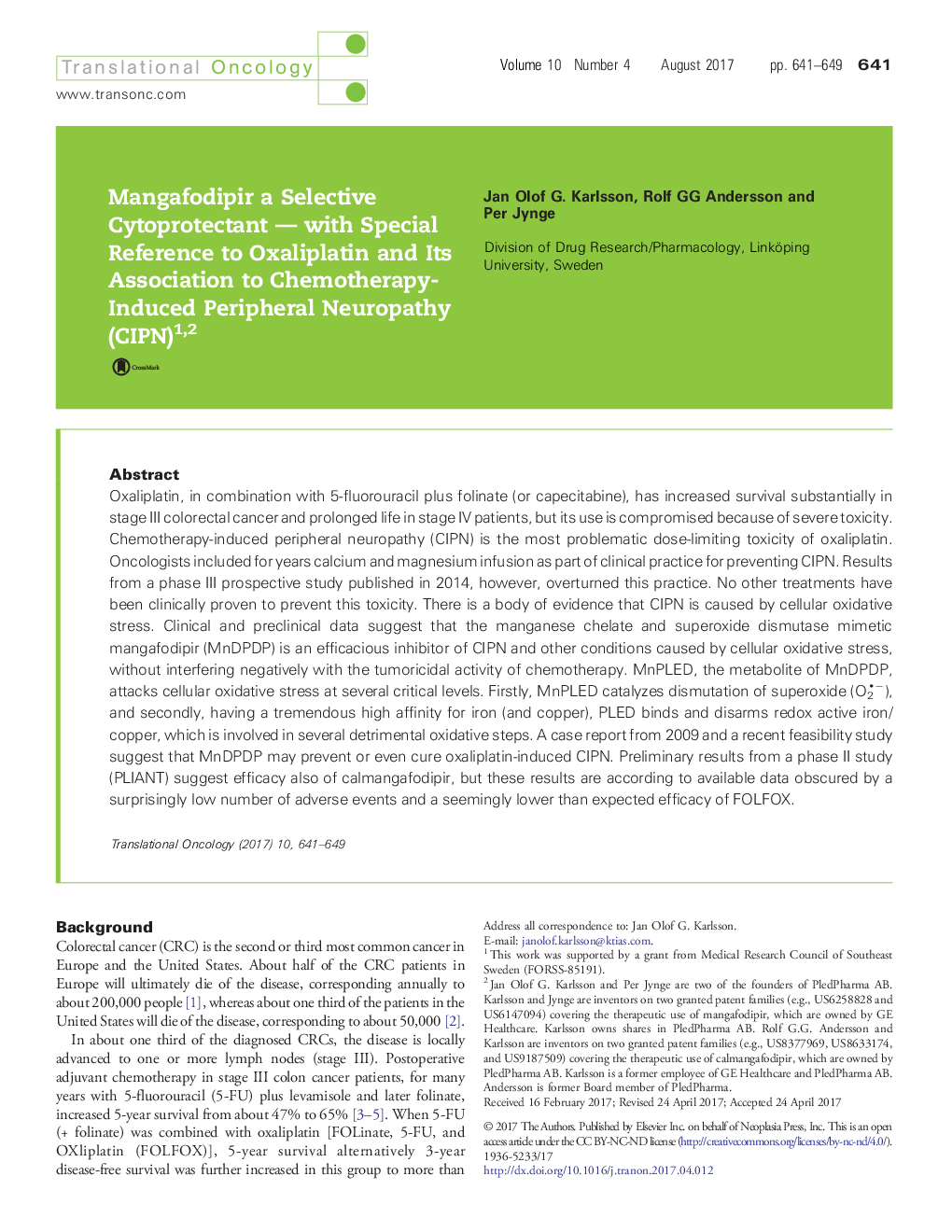عکس صفحه اول مقاله: Mangafodipir a Selective Cytoprotectant - with Special Reference to Oxaliplatin and Its Association to Chemotherapy-Induced Peripheral Neuropathy (CIPN)12 Mangafodipir a Selective Cytoprotectant - with Special Reference to Oxaliplatin and Its Association to Chemotherapy-Induced Peripheral Neuropathy (CIPN)12