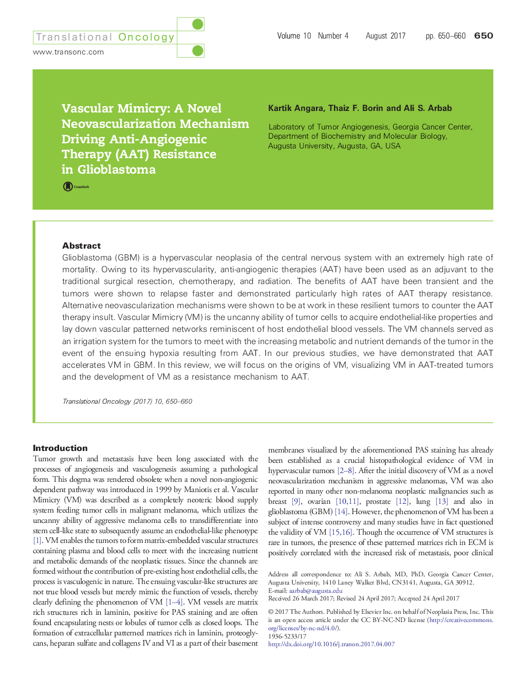 عکس صفحه اول مقاله: Vascular Mimicry: A Novel Neovascularization Mechanism Driving Anti-Angiogenic Therapy (AAT) Resistance in Glioblastoma Vascular Mimicry: A Novel Neovascularization Mechanism Driving Anti-Angiogenic Therapy (AAT) Resistance in Glioblastoma