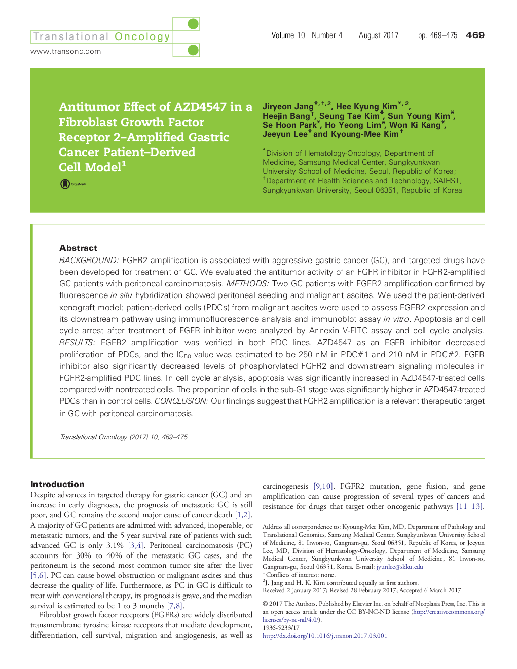 عکس صفحه اول مقاله: Antitumor Effect of AZD4547 in a Fibroblast Growth Factor Receptor 2-Amplified Gastric Cancer Patient-Derived Cell Model1 Antitumor Effect of AZD4547 in a Fibroblast Growth Factor Receptor 2-Amplified Gastric Cancer Patient-Derived Cell Model1