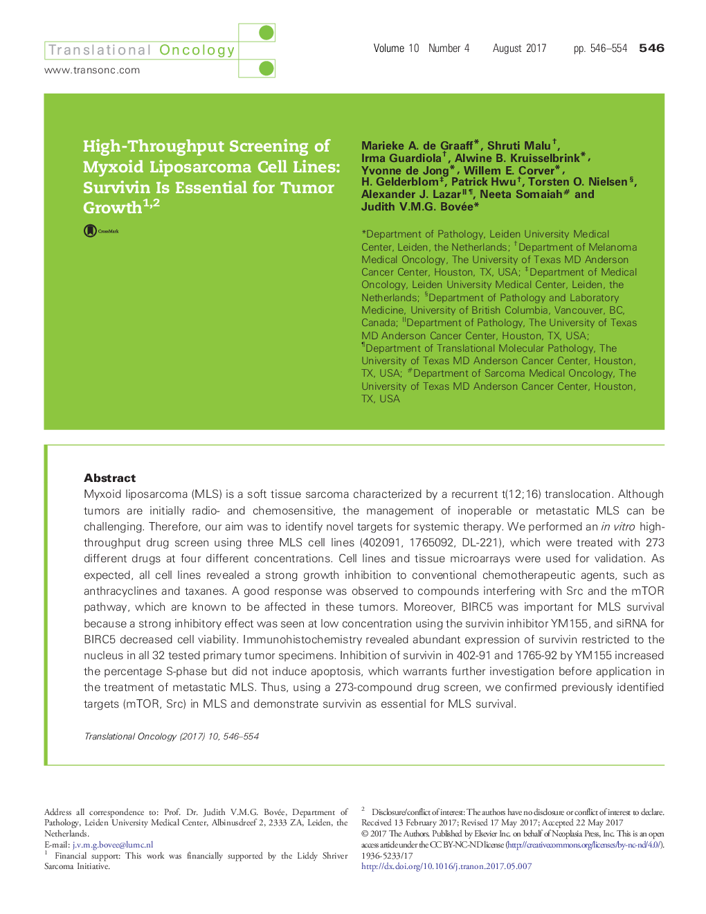 عکس صفحه اول مقاله: 12High-Throughput Screening of Myxoid Liposarcoma Cell Lines: Survivin Is Essential for Tumor Growth 12High-Throughput Screening of Myxoid Liposarcoma Cell Lines: Survivin Is Essential for Tumor Growth