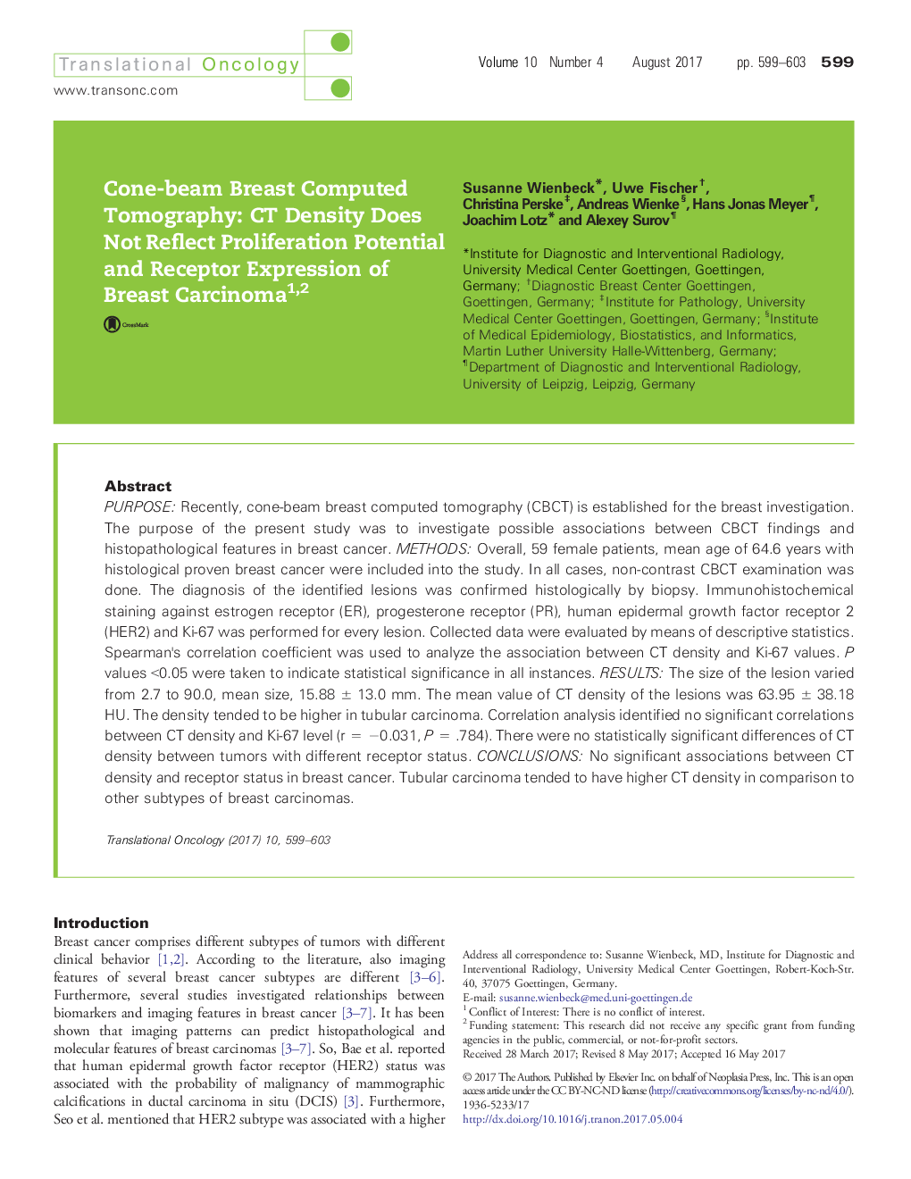 عکس صفحه اول مقاله: Cone-beam Breast Computed Tomography: CT Density Does Not Reflect Proliferation Potential and Receptor Expression of Breast Carcinoma12 Cone-beam Breast Computed Tomography: CT Density Does Not Reflect Proliferation Potential and Receptor Expression of Breast Carcinoma12