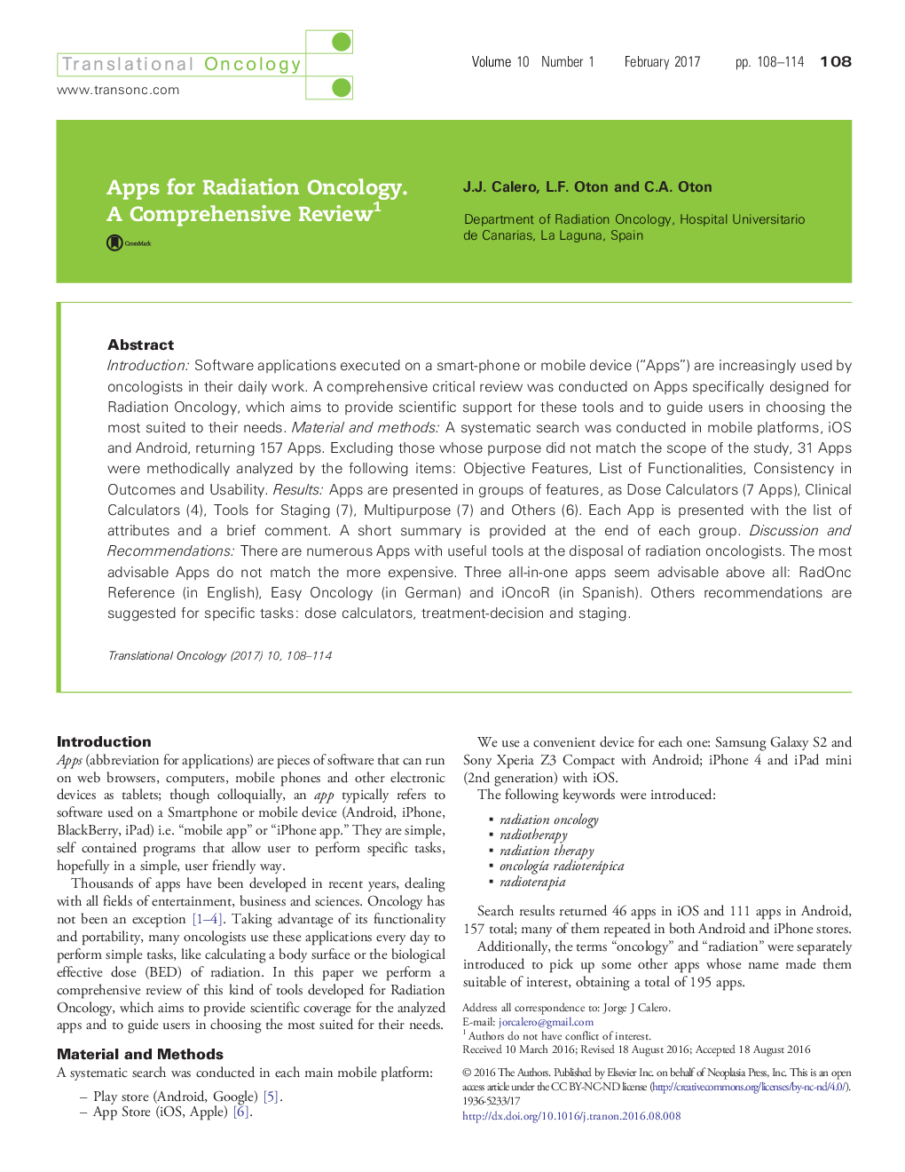 Apps for Radiation Oncology. A Comprehensive Review