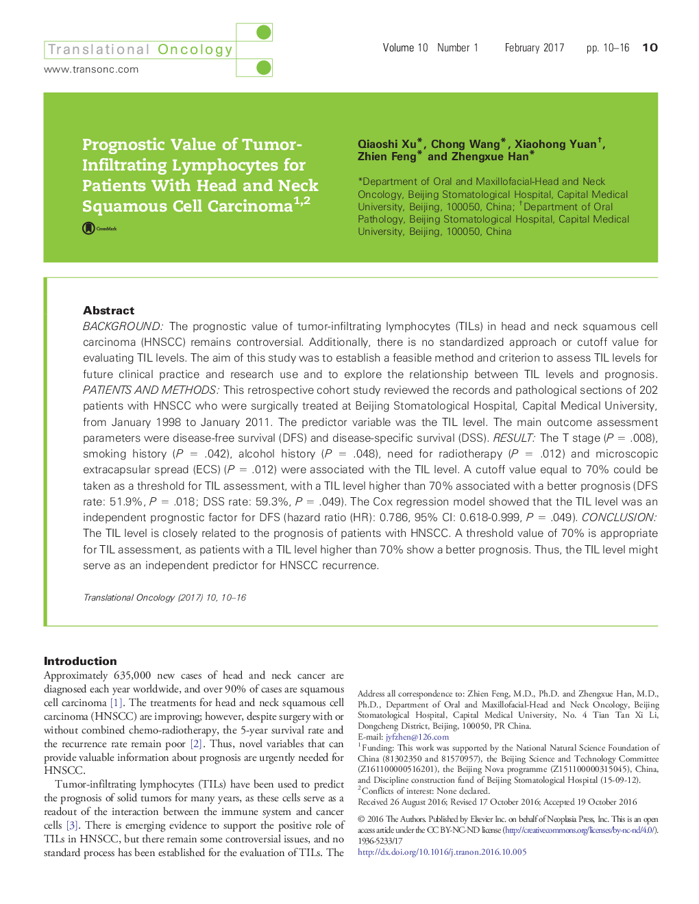 Prognostic Value of Tumor-Infiltrating Lymphocytes for Patients With Head and Neck Squamous Cell Carcinoma12