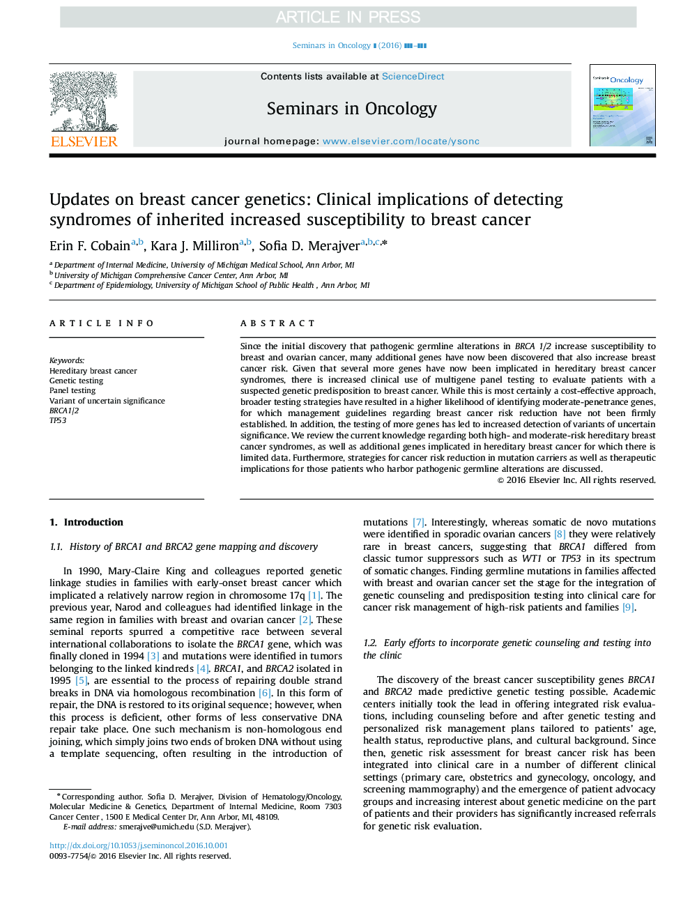 Updates on breast cancer genetics: Clinical implications of detecting syndromes of inherited increased susceptibility to breast cancer