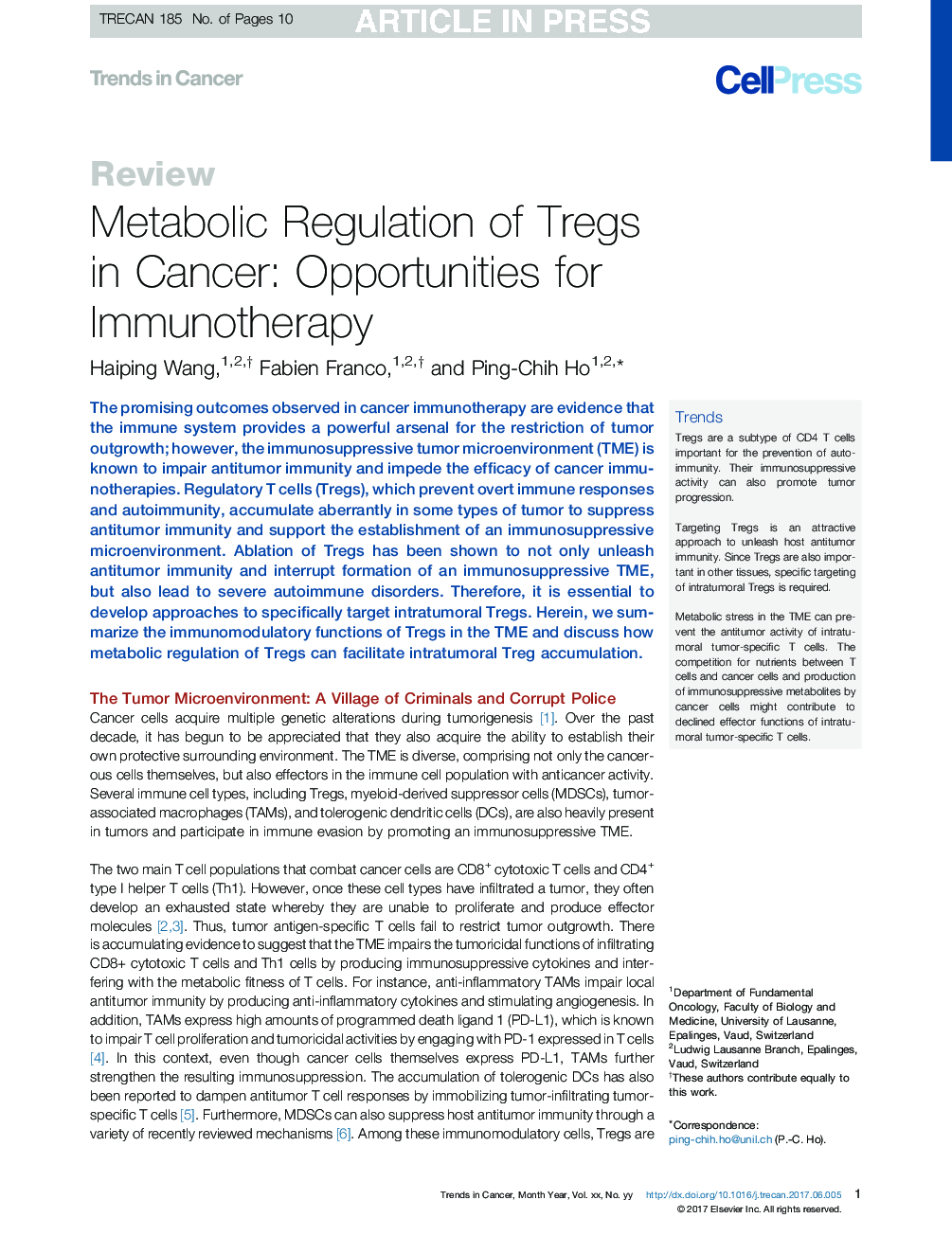 Metabolic Regulation of Tregs in Cancer: Opportunities for Immunotherapy