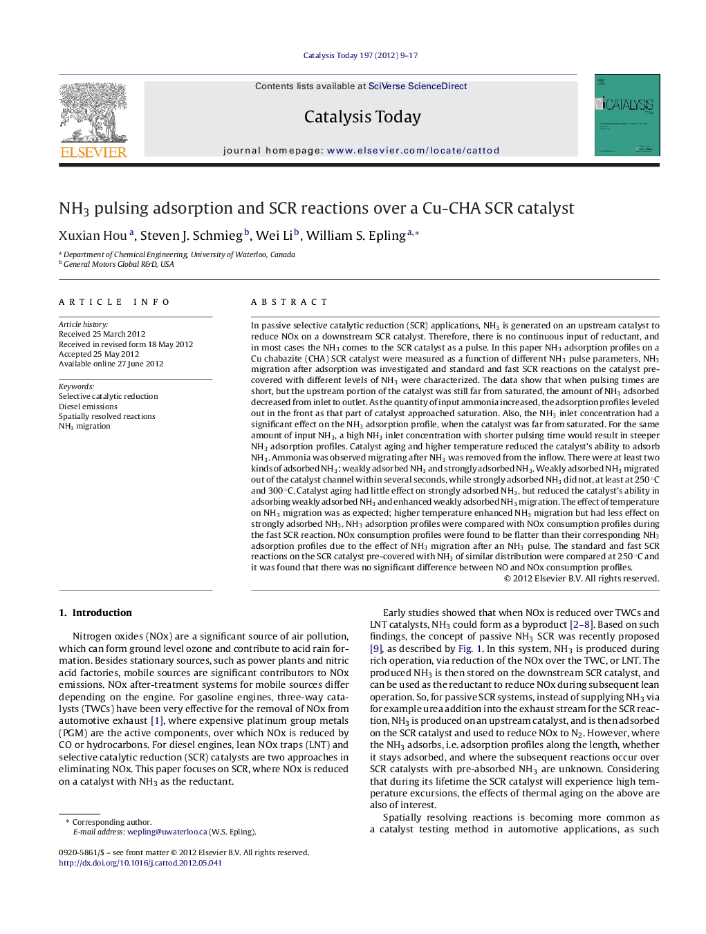 NH3 pulsing adsorption and SCR reactions over a Cu-CHA SCR catalyst