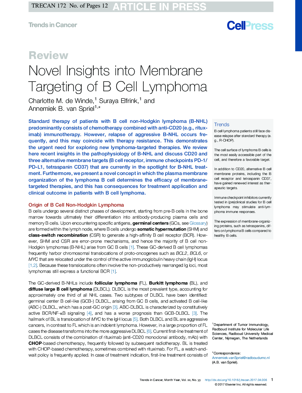 Novel Insights into Membrane Targeting of B Cell Lymphoma