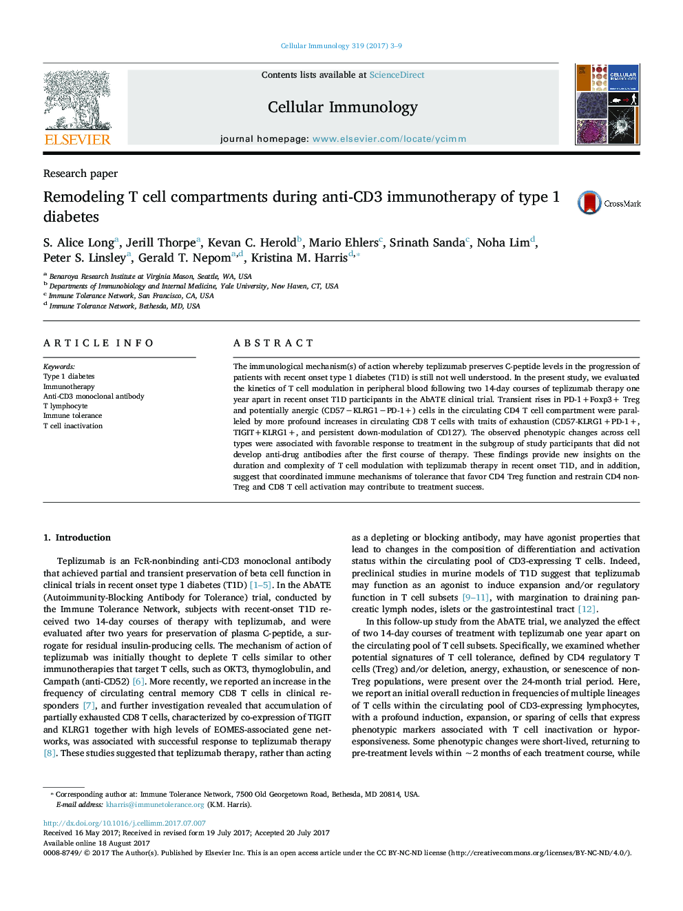 Remodeling T cell compartments during anti-CD3 immunotherapy of type 1 diabetes