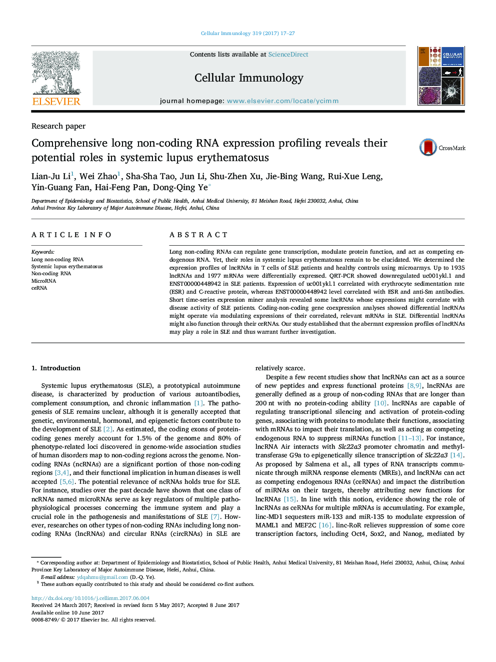 Research paperComprehensive long non-coding RNA expression profiling reveals their potential roles in systemic lupus erythematosus