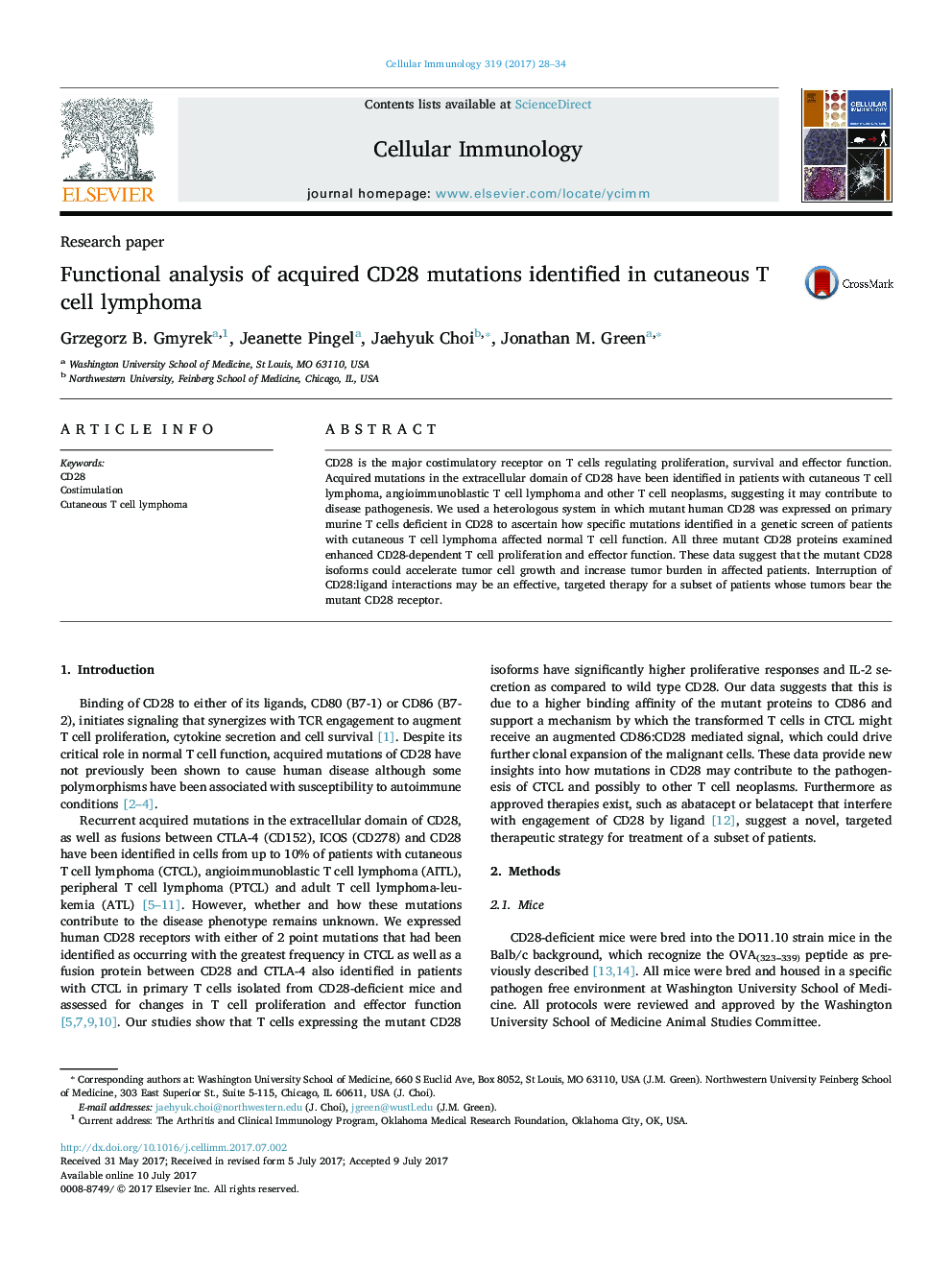 Research paperFunctional analysis of acquired CD28 mutations identified in cutaneous T cell lymphoma