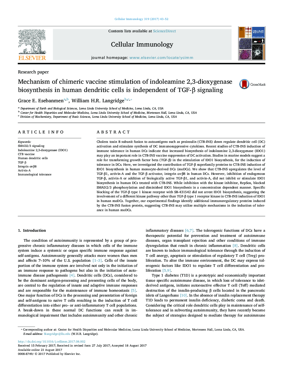 Research paperMechanism of chimeric vaccine stimulation of indoleamine 2,3-dioxygenase biosynthesis in human dendritic cells is independent of TGF-Î² signaling