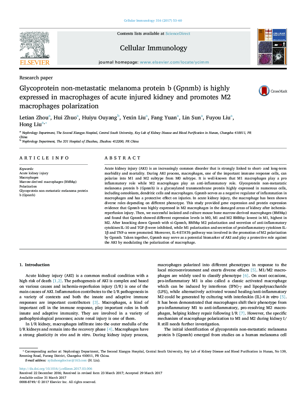 Glycoprotein non-metastatic melanoma protein b (Gpnmb) is highly expressed in macrophages of acute injured kidney and promotes M2 macrophages polarization