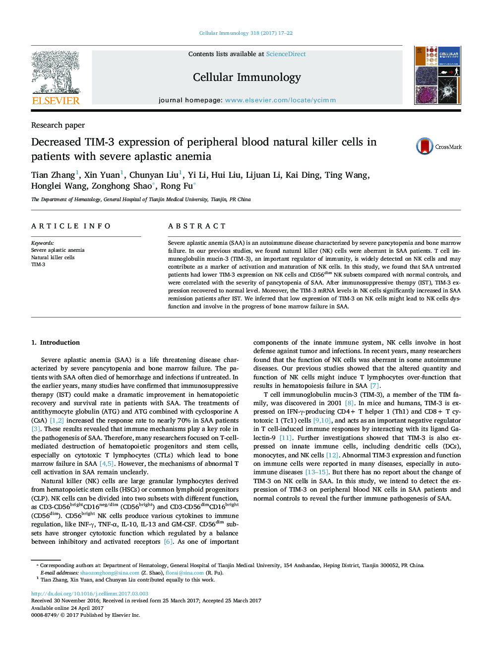 Research paperDecreased TIM-3 expression of peripheral blood natural killer cells in patients with severe aplastic anemia