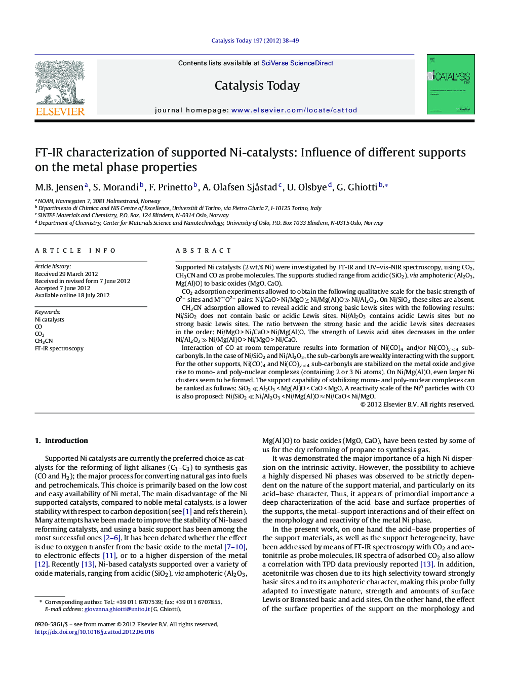 FT-IR characterization of supported Ni-catalysts: Influence of different supports on the metal phase properties