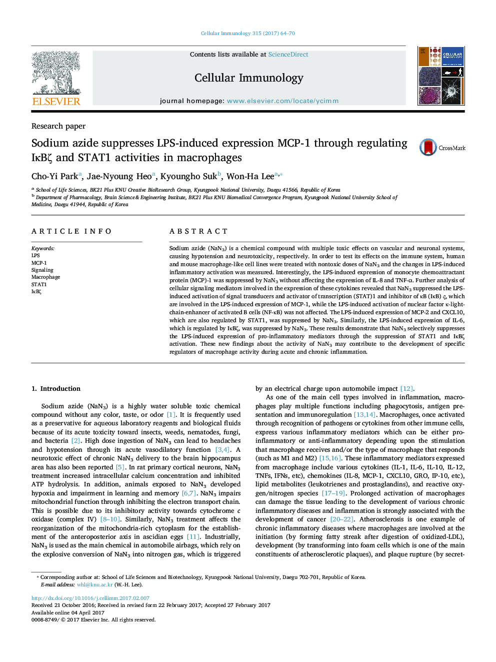 Research paperSodium azide suppresses LPS-induced expression MCP-1 through regulating IÎºBÎ¶ and STAT1 activities in macrophages